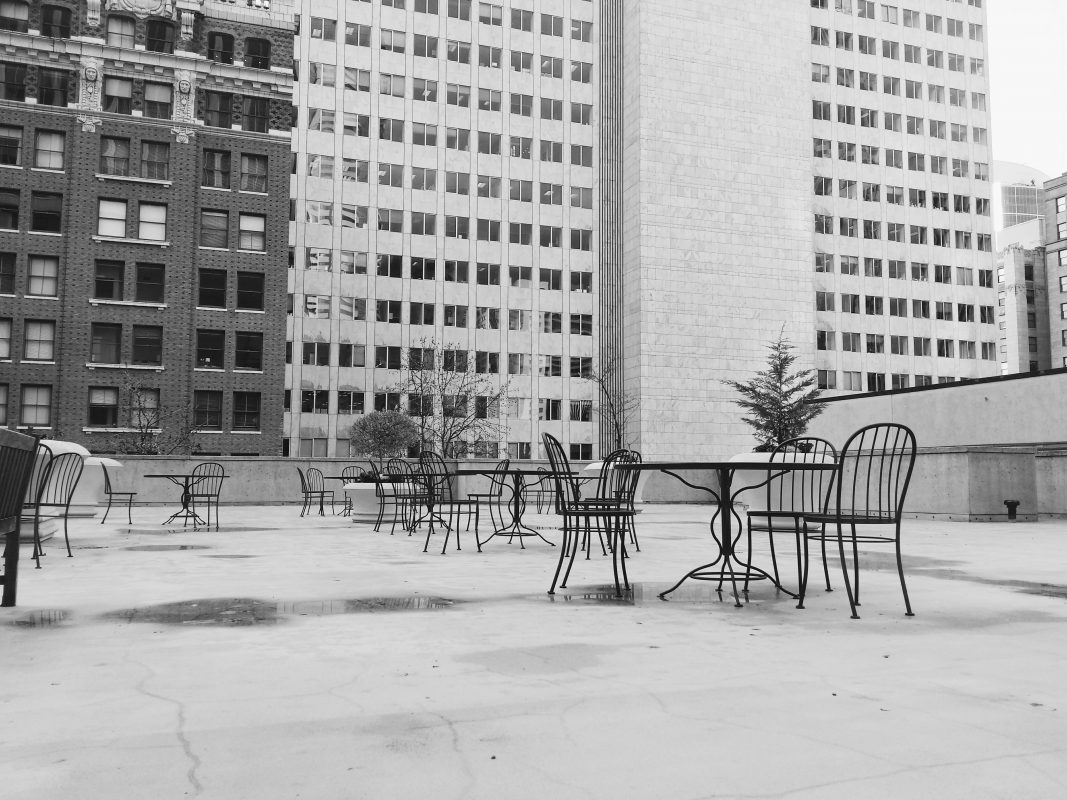 A picture of empty chairs and tables. 